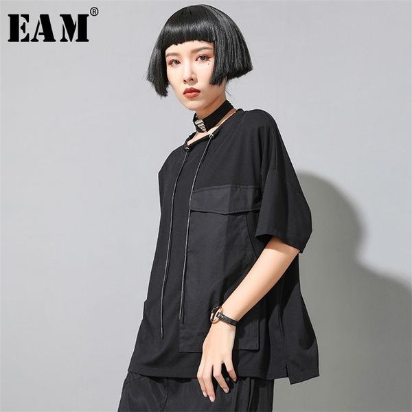 

[eam] women red big pocket split joint big size t-shirt new round neck long sleeve fashion tide spring summer 1u141 210315, White