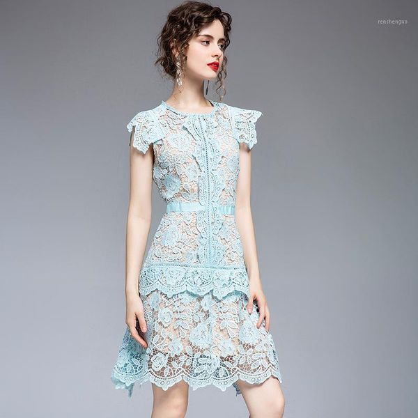 

casual dresses hanzangl lake blue lace hollow irregular dress, Black;gray