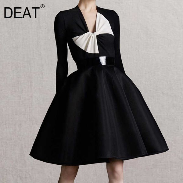 

[deat] spring fashion v-neck high waist bow long sleeve patchwork a-line temperament elegant dress wmen 13c791 210527, Black;gray