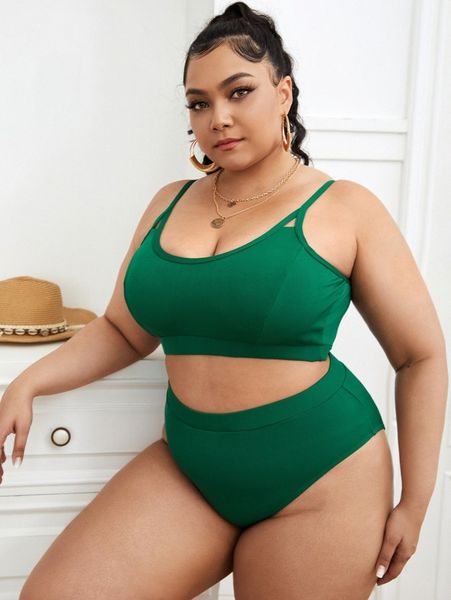 

plus ribbed high waisted bikini swimsuit 52pw#, Black