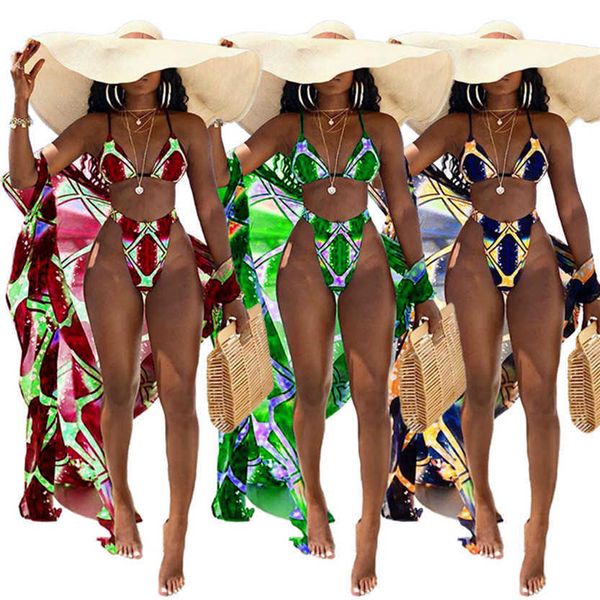 

summer women bikinis+cover ups 3 pieces sets bathing suits swimming suit print swimwear girls beach wear bra bottom+cover up 3pcs, White;black