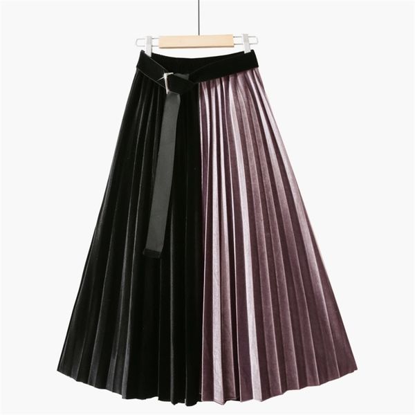 

velvet pleated midi women autumn winter 2021 ladies korean black patchwork high waist skirt female with belt 210309