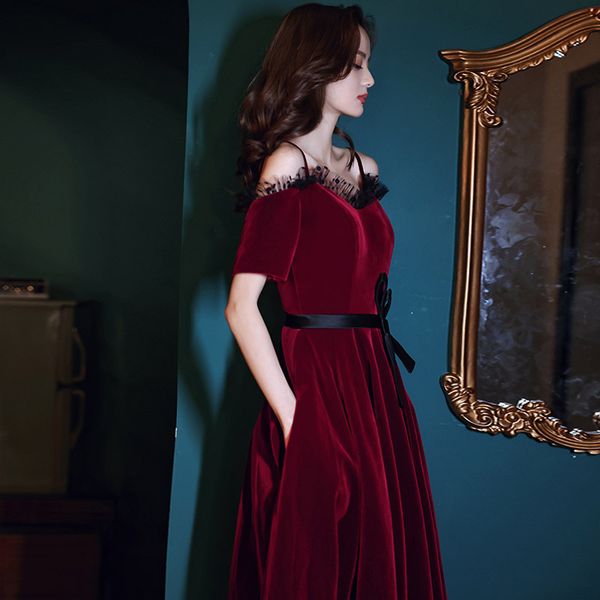 

burgundy chic agaric lace up strapless a line pageant party gown fashion off shoulder bowknot bandage evening dress toast dress, Black;red