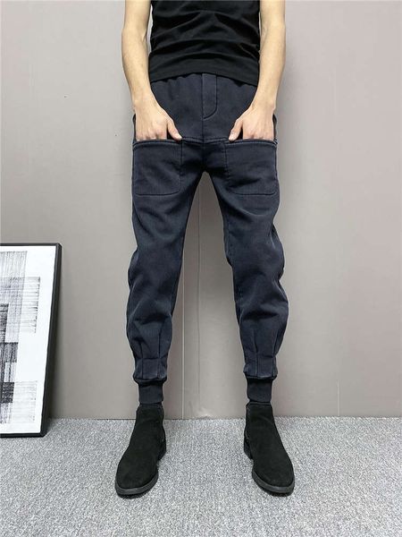 

men's plush small leg jeans in spring, Blue