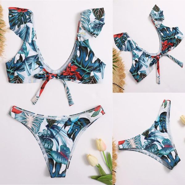 

women fashion leaf printed swimsuit with underpants open back swimwear