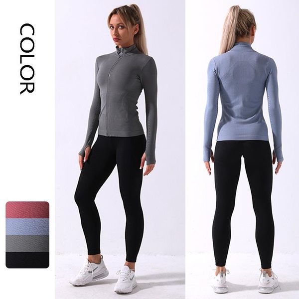 

yoga outfits seamless long sleeve workout women zipper coat fitness jacket sports solid sleeves shirt gym clothes, White;red