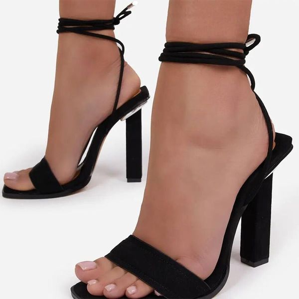 

dress shoes flowers thick high heel lace up sandals 1cm height pumps women size 35-42, Black