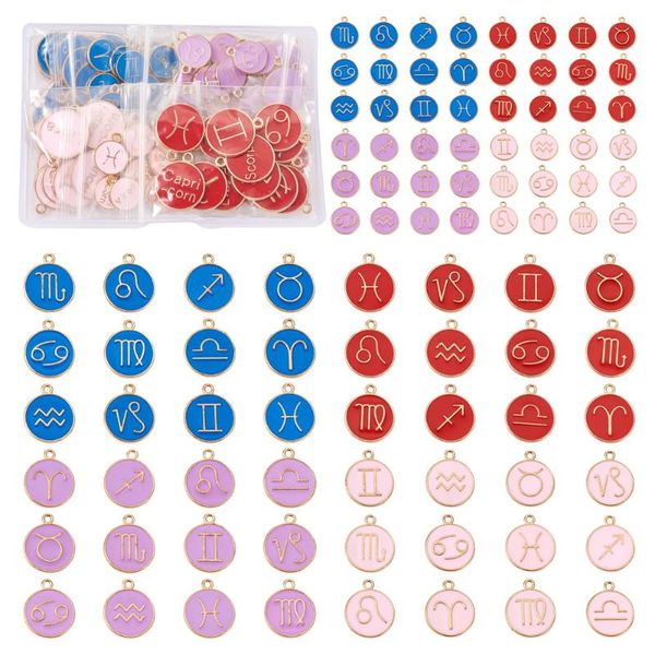 

charms 1box alloy enamel pendants flat round with constellation for bracelet diy jewelry handmade making accessories mixed color, Bronze;silver