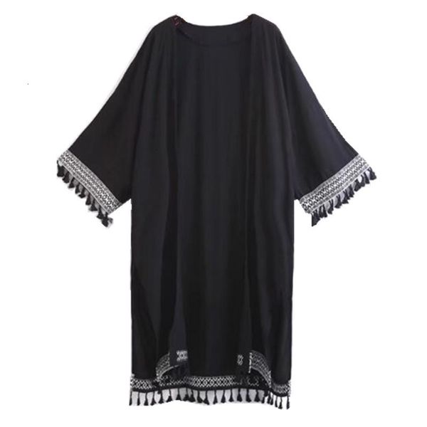 

retro black hem patchwork tassel kimono shirt new women's beach holiday v neck fringed shawl sunscreen blouse y19070101, White