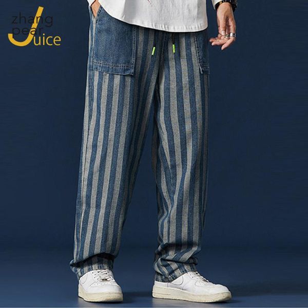

men's jeans men vintage washed loose denim pocket stripe distressing pockets styling pants, Blue