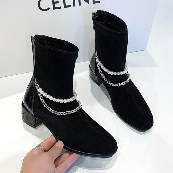 

boots autumn female elastic fabric knight fashion square toe chunky, Black