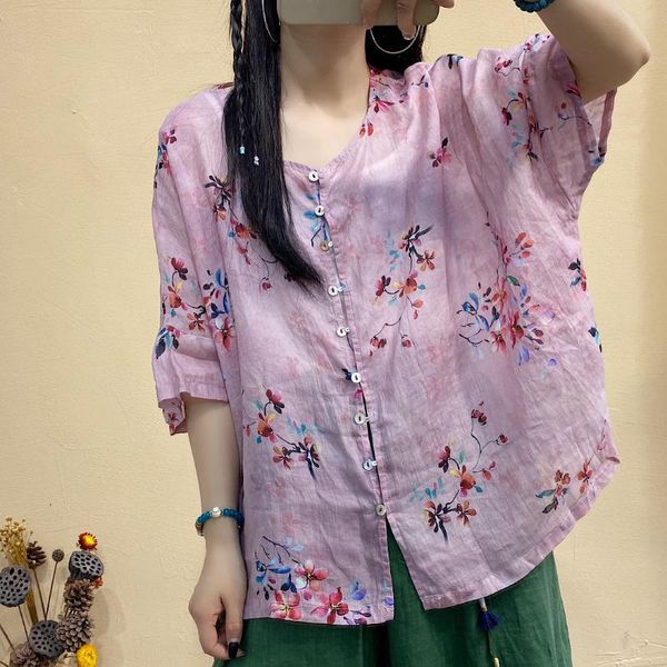 

women's blouses & shirts qpfjqd ladies autumn chinese style o neck loose ramie printed flower blouse women 2021 button and summer, White