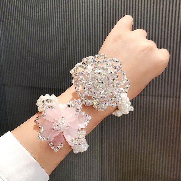 

beaded, strands rhinestone pearl big camellia flower hair ties holder chunky crystal bracelet dainty wedding jewelry gift, Black