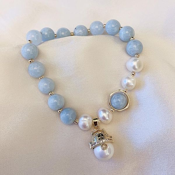 

link, chain bracelet for woman female niche design freshwater pearl lucky cat handmade girl hand jewelry gift women, Black