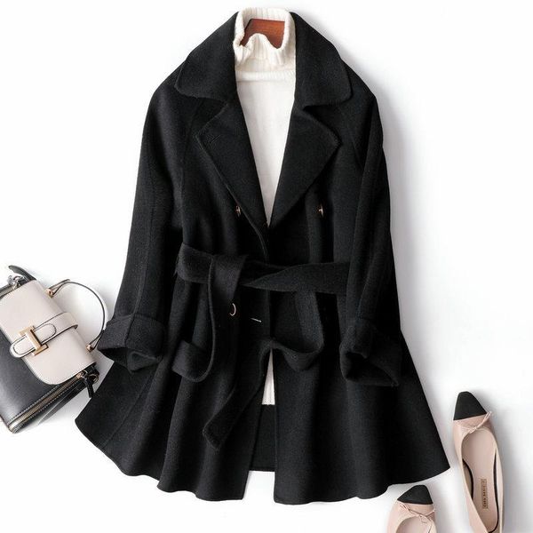 

women's wool & blends simple mid long double-sided cashmere overcoat autumn winter 2021 korean belt loose woolen coat fashion black jac
