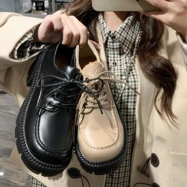

dress shoes 2021 spring and autumn women's leather mid-heel platform high heels lace-up square toe lolita black beige 39