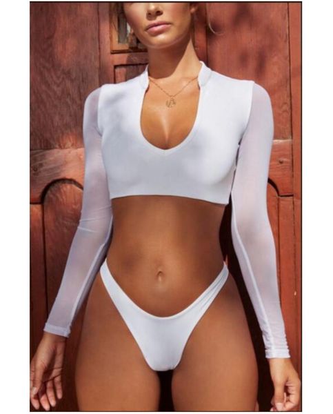 

women's swimwear mesh long sleeve crop bikini orange push up two-piece suits high cut swimsuit female thong 2021 bathing suit, White;black
