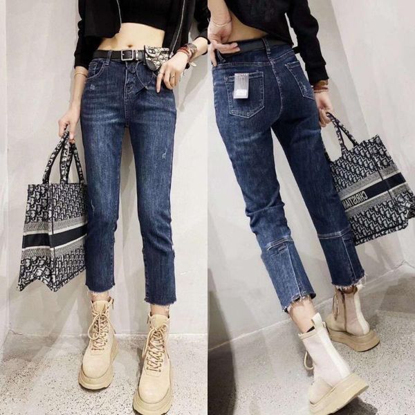 

women's jeans woman pants large size blue straight high waist autumn winter back slit trousers pantalones vaqueros mujer