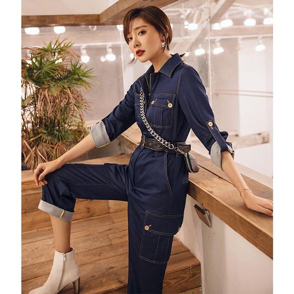 

women's jumpsuits & rompers yigelila autumn arrivals casual turn down collar full sleeves with belt single breasted 5913, Black;white