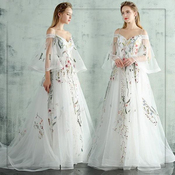 

ethnic clothing embroidery flower evening party dress trailing bride wedding flare sleeve celebrity banquet maxi mesh, Red