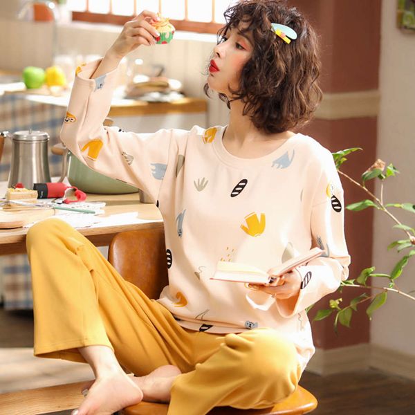 

winter pajamas women's long sleeve lovely pure cotton korean set can be worn outside students' leisure spring and autumn home, Black;red