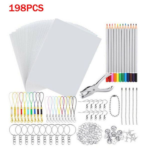 

craft tools 33/198pcs heat shrink sheet plastic kit hand painted diy key ring accessories hole punch keychains pencils drawing art supplies