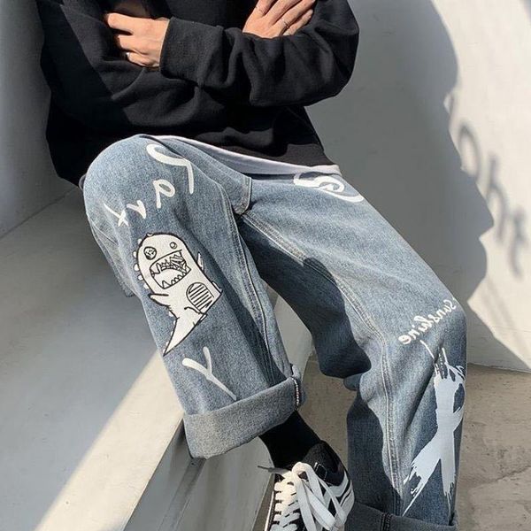 

men's jeans graffiti print for men casual pants autumn korean fashion loose high waist preppy style straight wide-leg trousers, Blue