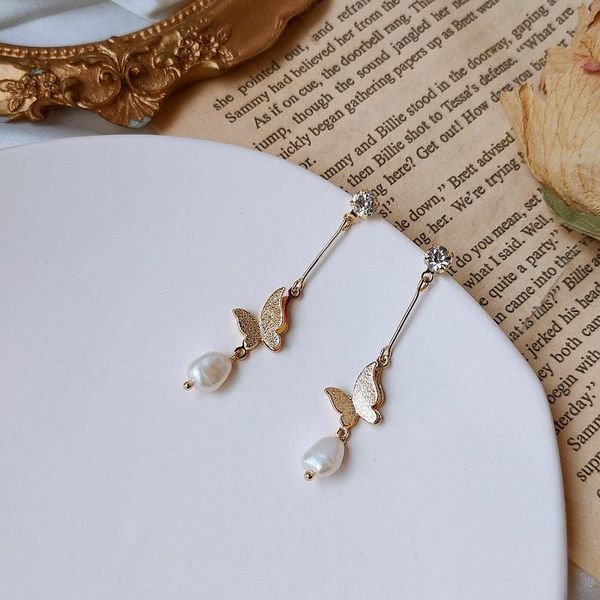 

dangle & chandelier 14k gold plated small butterfly natural pearls drop earrings for women elegant french style earring handmade jewelry, Silver