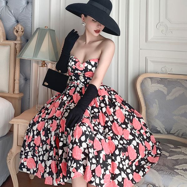 

le palais 2021 original vintage oil painting knee flower length strapless dress party complex production pixj, Black;gray