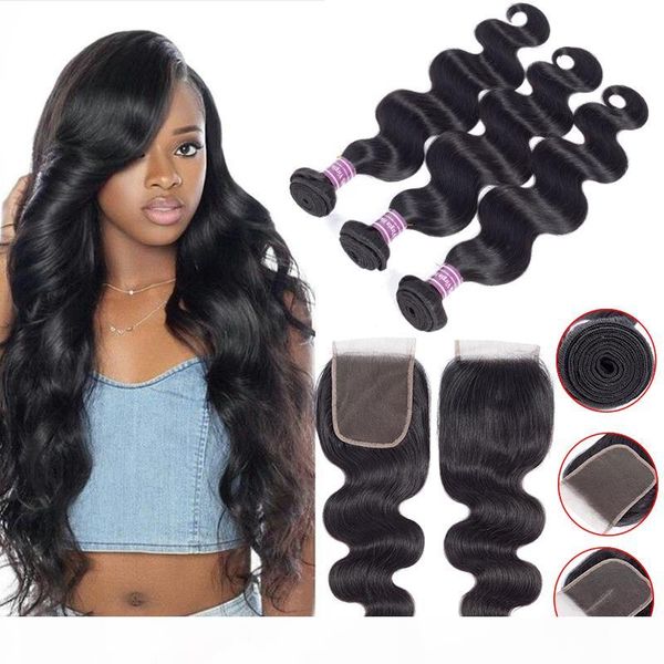 

brazilian virgin hair with closure extensions 3 bundles brazilian body wave hair with lace closure unprocessed remy human hair weave, Black;brown