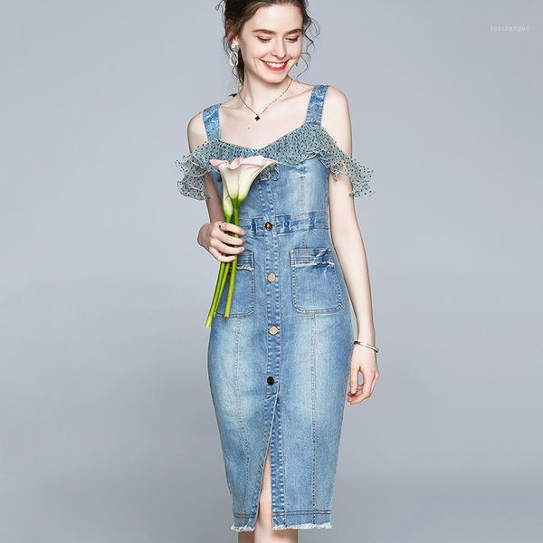 

casual dresses denim dress women summer 2021 fashion elegant polka dot guaze ruffles patchwork package hip slim long straps, Black;gray