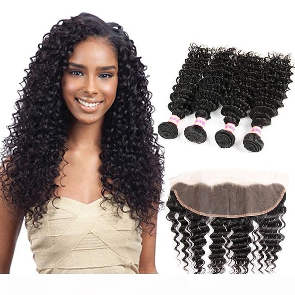 

9a brazilian virgin hair deep wave with closure 3 bundles with lace frontal closure 13x4 ear to ear full lace frontal with bundles, Black
