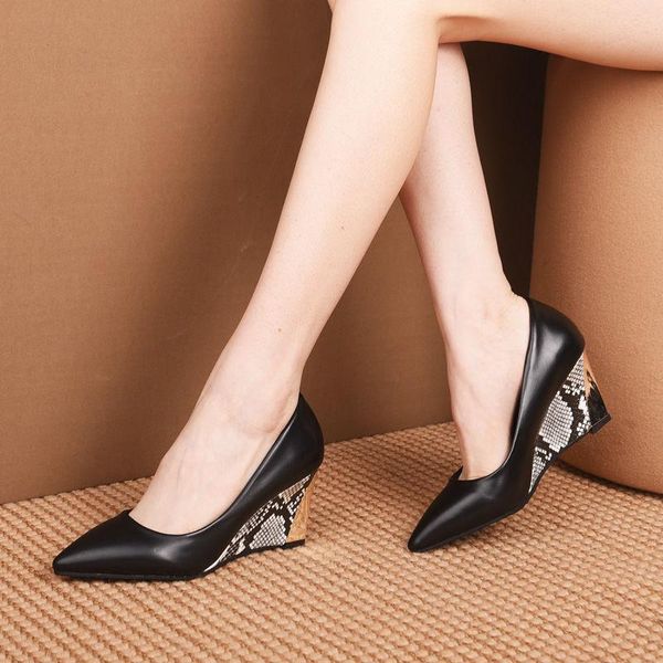 

dress shoes 2021 spring&autumn high heels wedges woman pumps foothold snake pattern heel slip on pointed toe for female black