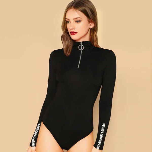 

women's t-shirt bodysuit high collar knitted ladies solid color zipper jumpsuits long sleeve slim black playsuit cbi5, White