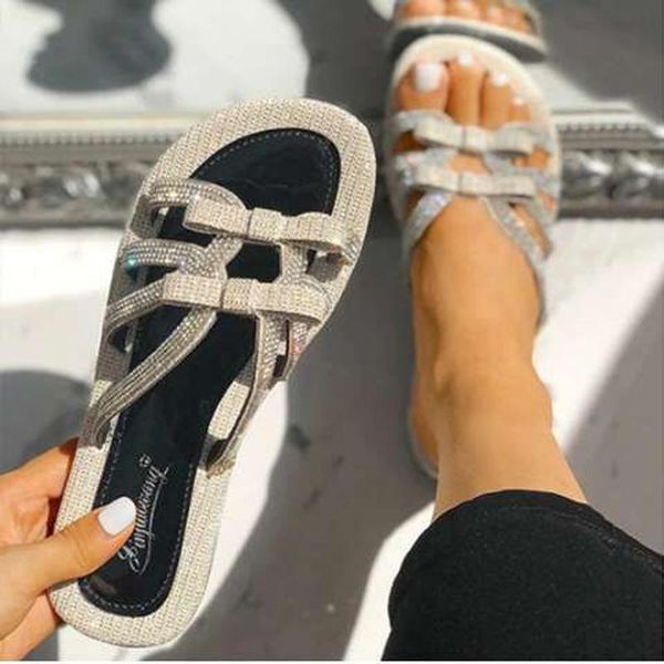 

slippers 2021 women's girl sandals crystal casual open toe beach shoes lady rhinestone bow shiny comfort, Black