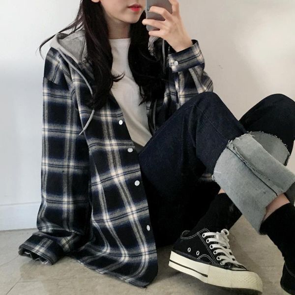 

spring autumn oversized plaid blouse shirts women korean loose long sleeve hooded female chic harajuku streetwear blusas, White