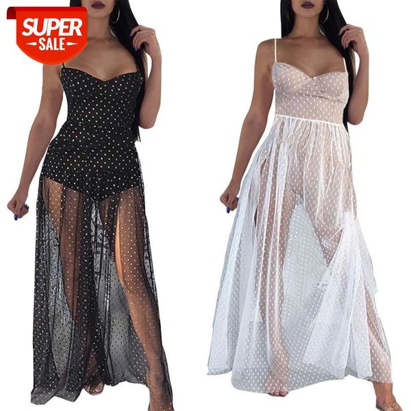 

summer stripe womens black white boho polka dot long dress lady see through clubwear holiday casual light beach dress sundress #gi0v, Black;gray