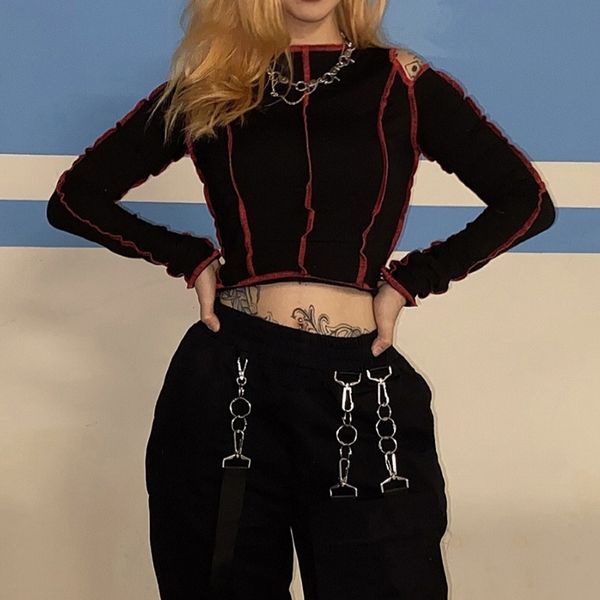 

punk gothic women's t-shirts hollow out patchwork cropped winter 2021 female t-shirt chic aesthetic 210309, White