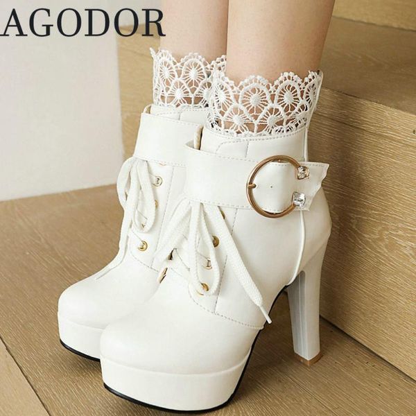 

boots agodor lolita ankle pink for women block heel platform lace up with heels and high winter booties, Black
