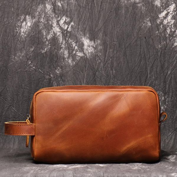 

cosmetic bags & cases genuine leather cylindrical casual wash gargle bag head layer cowhide handmade crazy horse zipper storage lb054