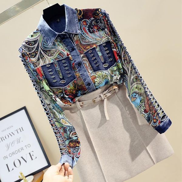 

2021 spring women chiffon jean patch blouse new lapel long sleeve loose fit shirt fashion hollow out blouse and lt294s30, White