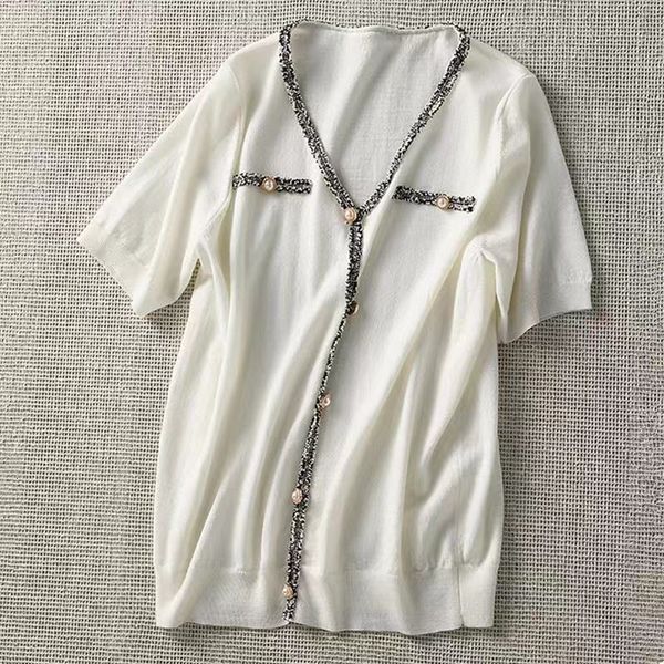

women's t-shirt spring and summer fashion short-sleeved v-neck t-shirt with pearl buckle temperament all-match casual fjai, White