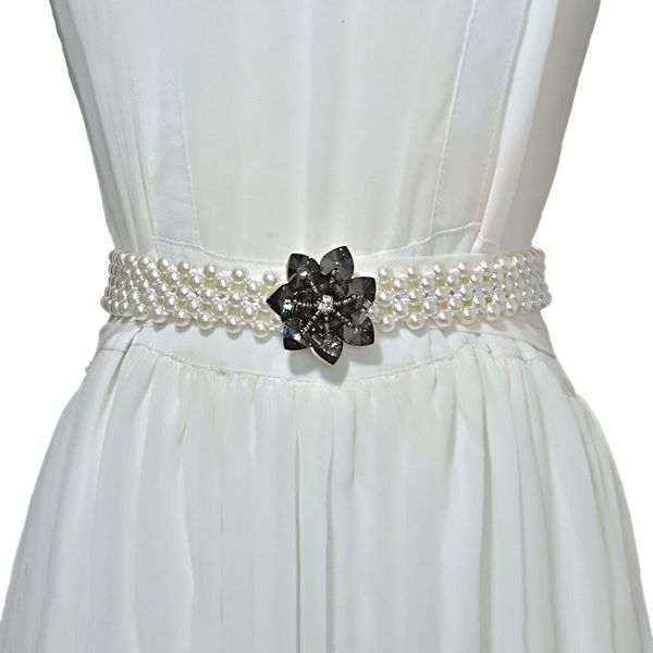 

pearl crystal wide belt women's fashion sweet elastic pearl diamond inlaid women's wide waist chain, Black;brown