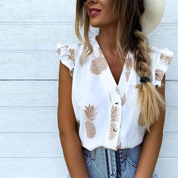 

z25 fashion butterfly sleeve blouse women leisure loose sleeveless pineapple print women shirts summer v neck blouses, White