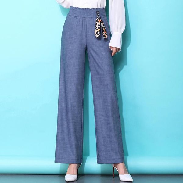 

women's jeans elegant office lady denim 2021 spring summer elastic waist wide legs cotton pants loose blue/black trousers plus si