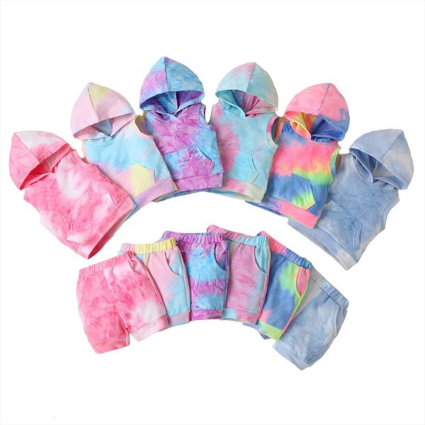 

summer newborn baby girls fashion outfit set sleeveless hooded tie dye shorts clothes, White