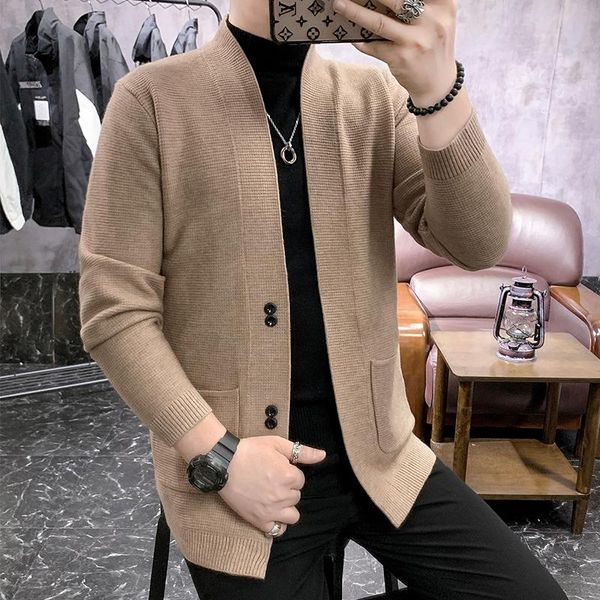 

cardigan men fashion 2021 korean v neck slim fit solid casual sweaters front pocket sweater youth clothing 3xl, White;black