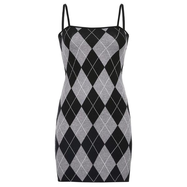 

casual dresses m68c plaid knitted ladies tight-fitting halter strap dress shoulder skinny short women sundress streetwear, Black;gray