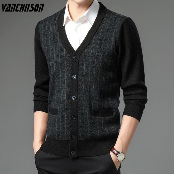 

men's sweaters thick men wool sweater cardigan for autumn winter stripes contrast sleeve vintage casual v neck male fashion tujt, White;black
