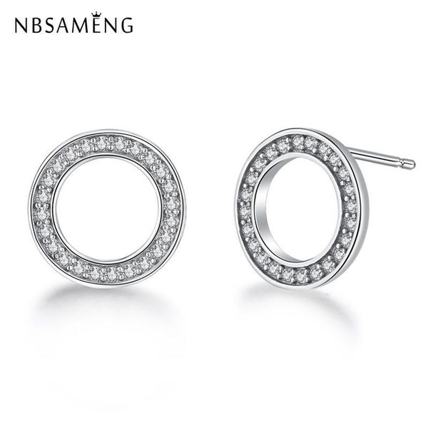 

stud nbsameng 100% 925 sterling silver earrings circle pave crystal simple earing for women pan fine jewelry, Golden;silver